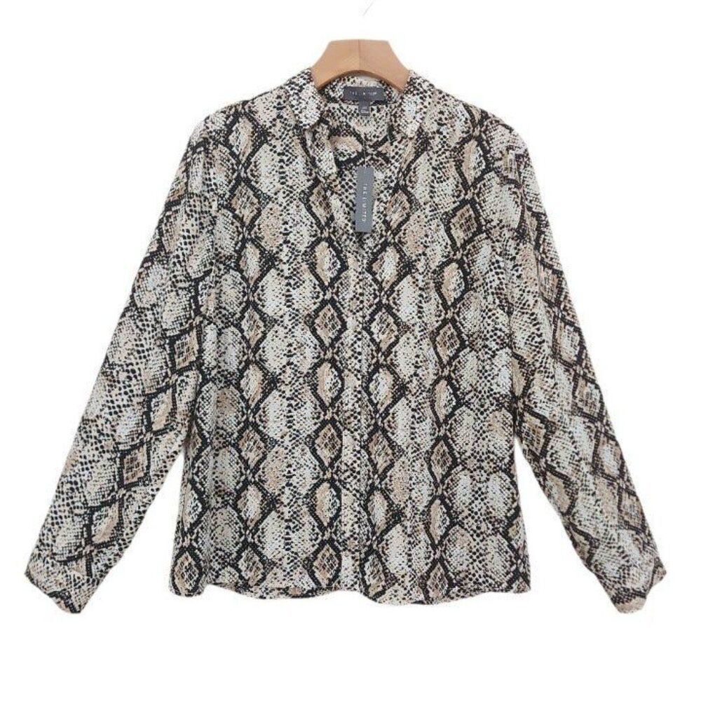 The Limited Blouse Womens Petite Medium Beige Roll Tab Sleeve Snake Print V-Neck